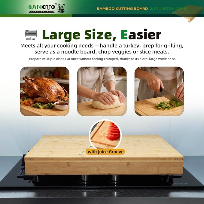 BAMOTTO CRAFTBAMBOO 24 x 18 Inch Large Bamboo Cutting Board Stovetop Cover | Detachable Support Legs | Detachable Front Lip | Over-the-Sink Board | Noodle Board | Carving and Pasta Board | XXL
