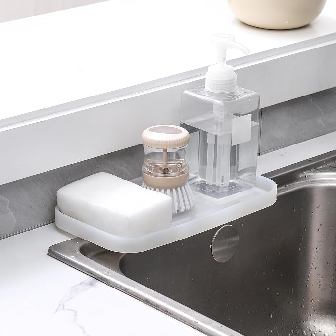 MicoYang Silicone Kitchen Sink Organizer Tray for Multiple Usage,Easy Clean Sponges Holder for Kitchen Bathroom Counter or Sink,Dish Soap Dispenser,Scrubber,Bottle,Cup Translucent 10”x 5.3”