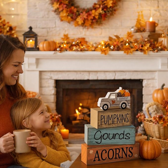 Lineshading 4 Pcs Fall Table Decoration for Home Rutic Fall Truck Decor | Rustic Farmhouse Block Signs, Stackable Pumpkins Gourds Acorns Design, Harvest Truck Theme for Seasonal Home Decor