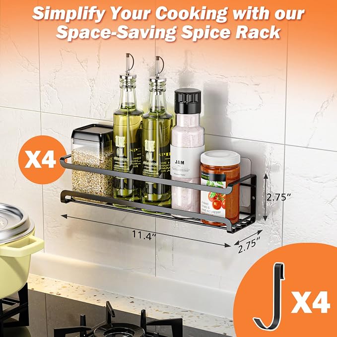 Bunoxea Spice Rack Wall Mounted 4 Pack, For Spice Jars & Seasonings,Black | 4 Removalble Hooks,Screw or Adhesive Hanging, Space-Saving,For Kitchen Cabinet, Pantry Door,Stove,RV Use,11.41x2.75x2.75in