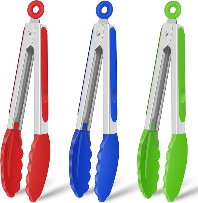 Hotec Silicone Serving Tongs for Cooking 9-Inch Kitchen Tongs with Silicone Tips, Set of 3 (Red Blue Green)