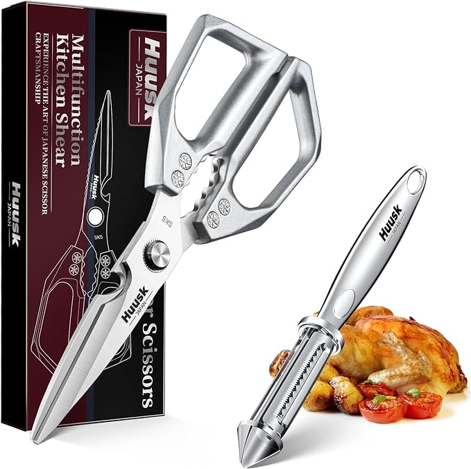 Huusk Kitchen Scissors and Vegetable Peelers Set, Gifts for Women | Multifunction Japanese Stainless Steel Kitchen Shears & Potato Peeler, Ergonomic Non-Slip Handle Design, Easy to Clean
