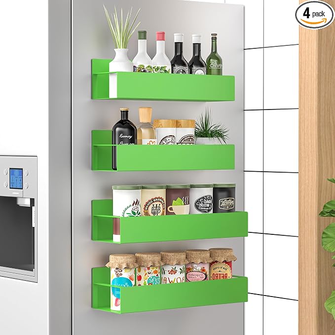 Metal Magnetic Spice Rack for Refrigerator Green, 4 Pack | Magnetic Shelves Heavy Duty for Fridge in Kitchen, Seasoning Storage Organizer, For Oven Washer and Dryer, For Heavier Items