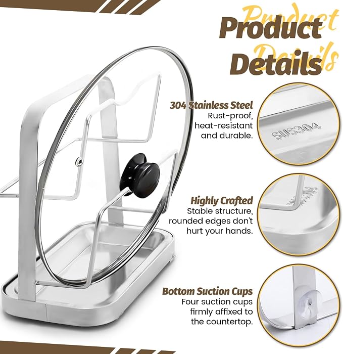 LELE LIFE Pot Lid Holder While Cooking, Pot Lid Organizer 304 Stainless Steel, Pan Cover Spoon Rest and Cutting Board Stand, Pot Lid Rack for Stove Top with Suction Cup & Drip Tray