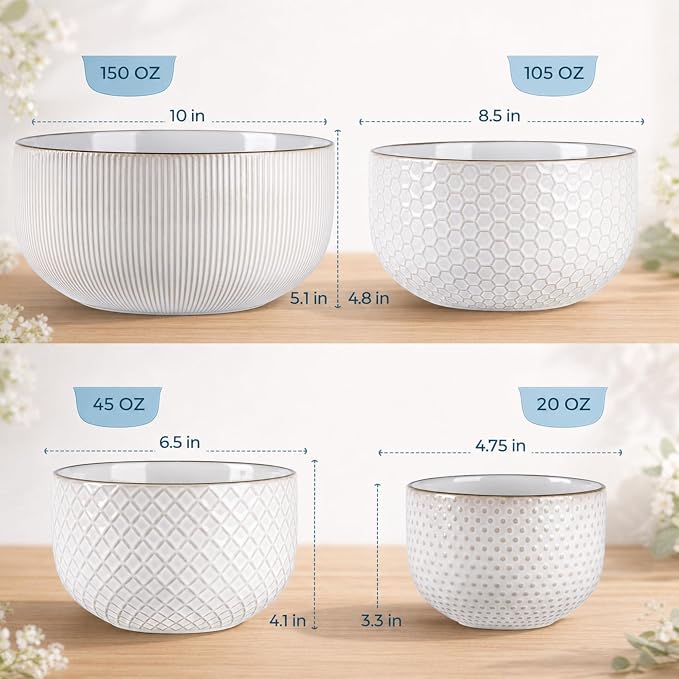 GBhome Ceramic Mixing Bowls Set of 4, Stoneware Nesting Serving Bowls | 150/105/45/20 oz For Prep, Baking, Serving, Gift, Microwave and Dishwasher Safe, Embossed Dishware Collection-Off White