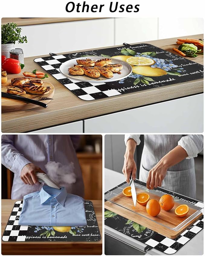 Stove Top Covers for Electric Stove 31x24 Inches, Lemon HeatResistant Glass Cooktop Protector, Spring Summer Black White Checkered Plaid Ceramic Stovetop Countertop Covers Mat, Oven Cover