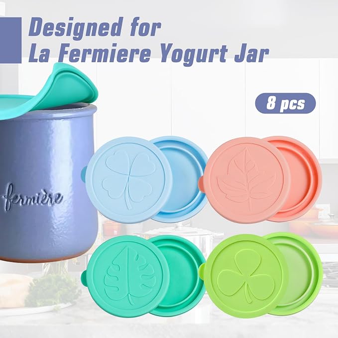 Yogurt Jar Lids for La Fermiere, 8 Pack LFGB Platinum Silicone Covers, Snug Fit Reusable Replacement Lids, Dishwasher Safe