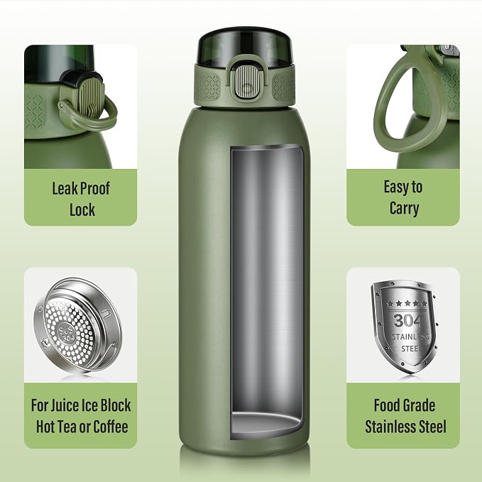 Insulated Water Bottle 24 oz with Dustproof Lid, Carry Handle & Tea Infuser, BPA-Free & Leakproof, Stainless Steel Water Bottles Ideal for Fitness, Hiking, Office & Outdoor Use（Olive Green）