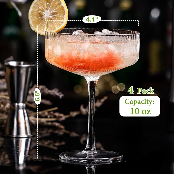 Qipecedm® 4 Pcs Ribbed Coupe Glasses, 10 oz Vintage Coupe Glass Set, Unique Martini Glass, Classic Cocktail Galssware, Bar Drinking Glasses Set Pefect for Cocktail, Wine, Champagne & Gift