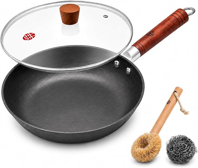 WANGYUANJI 10.2-Inch Cast Iron Skillet with Glass Lid, Uncoated Frying Pan with Flat Bottom for Induction, Gas & Electric Stovetops, Small Egg Pan for Breakfast, Steak & Sautéing