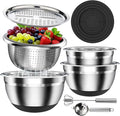 Stainless Steel Mixing Bowls Set with Lids & Silicone Base - 7-Piece Kitchen Gadgets Includes Colander, Grater, Egg Separator, Whisk - Nesting Bowls (1.5, 2, 2.5, 4.5 QT), Dishwasher Safe, Black
