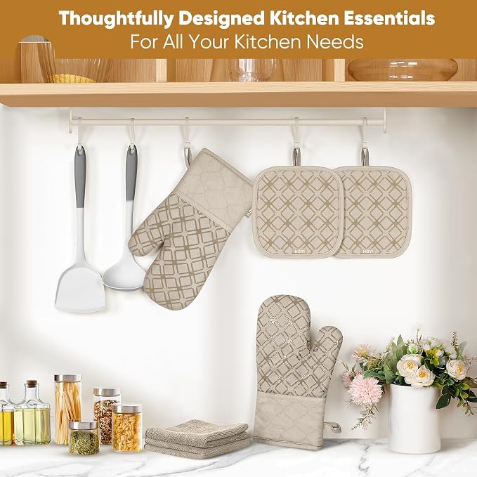 Oven Mitts and Pot Holders Set with Dishcloths, 500 Degree Heat Resistant Oven Gloves and Hot Pads, Premium Soft Cotton Kitchen Mittens and Dish Cloth Sets-Beige