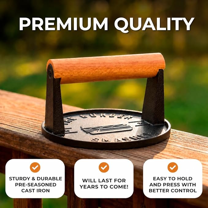 The Burger Smasher™ Pre-Seasoned Heavy Duty Cast Iron Smash Burger Press Kit - Heat Resistant Burger Smasher for Griddle, Food, Chef, Meat & Cooking Press, Hamburger Smasher - 30 Patty Paper