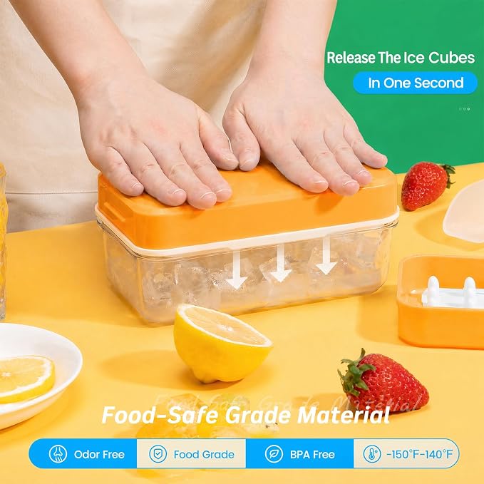 Ice Cube Tray with Lid and Bin, Easy Release 56 Cubes for Freezer | Food-grade BPA-free PP and ABS. Ice cubes for fruit, cocktails, iced coffee. Space-saving stackable with scoop