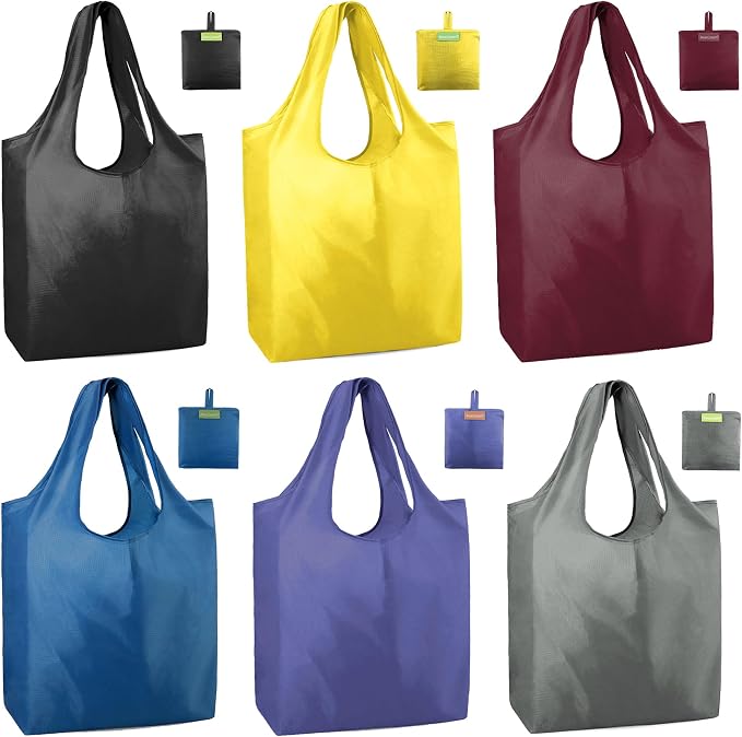 BeeGreen Reusable Shopping Bags Cute Grocery Bag 6 Pack, Reusable Gift Bags Heavy-Duty Foldable Shopping Totes for Supermarket, Work & Travel, Large Washable Polyester Tote Bag with Handles