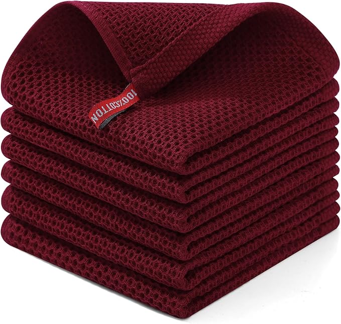 Homaxy 100% Cotton Waffle Weave Kitchen Dish Cloths 6-Pack, Burgundy | 12 x 12 Inches, Ultra Soft Absorbent Dish Towels, Quick Drying Dish Rags with Hanging Loop