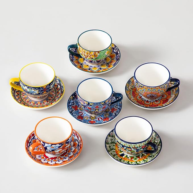 vancasso 8 Oz Cappuccino Cups, Porcelain Tea Cups and Saucers Set of 6 | Bohemian Cappuccino Mugs,Perfect for Latte, Tea and Espresso, Microwave and Dishwasher Safe,Lead-Free and Non-Toxic