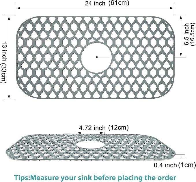 Silicone Kitchen Sink Protectors Mats - 12" 13" 14" 16" 18" 19" 21" 22" 24" 25" 26" 28" 30", Heat Resistant, Machine-wash (24”x13”, Center Drain)
