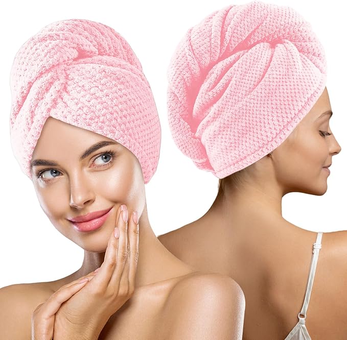 MaopaoBeauty Microfiber Hair Towel, 2 Packs Hair Turbans for Wet Hair, Drying Hair Wrap Towels for Curly Hair Women, Large Hair Towel for All Hair Style, Pink