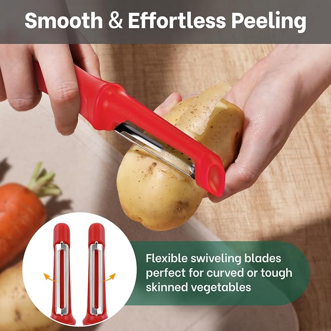 Beneno Swivel Vegetable Peeler, Smooth Peeling Potato Peeler (2, Red) | Razor-Sharp Stainless Steel Blade, Ergonomic Non-Slip Grip, Built-In Potato Eye Remover, Durable Design for Fruits & Veggies