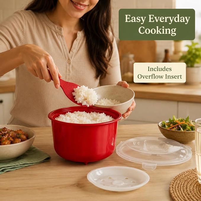 Microwave Rice Cooker with Steamer Lid and Spoon – BPA-Free 2.6L Rice Maker, Dishwasher Safe, for Basmati, Jasmine, Spanish, Indian Rice, Pasta, Ramen and Vegetables