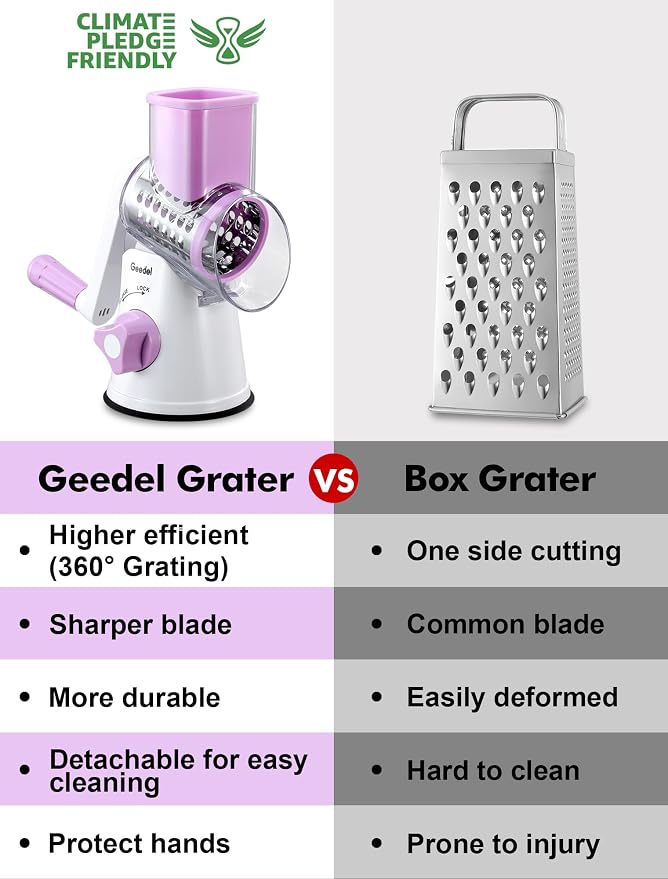 Geedel Rotary Cheese Grater Hand Crank, Cheese Shredder Vegetable Slicer | 3 Blades, 430 Stainless Steel, 12x Fast Cutting, Strong Suction Base, No BPA, Dishwasher Safe, for Cheese, Veggie, Nut