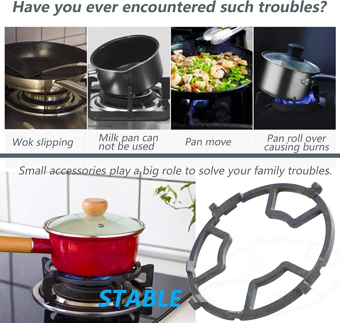 Non Slip Gas Ring Reducer, Burner Grate for Butter Warmer/Small Saucepan, Cast Iron Wok Support Ring- Compatible with Most Gas Stove Range Cooktop, 7 Inch, Black