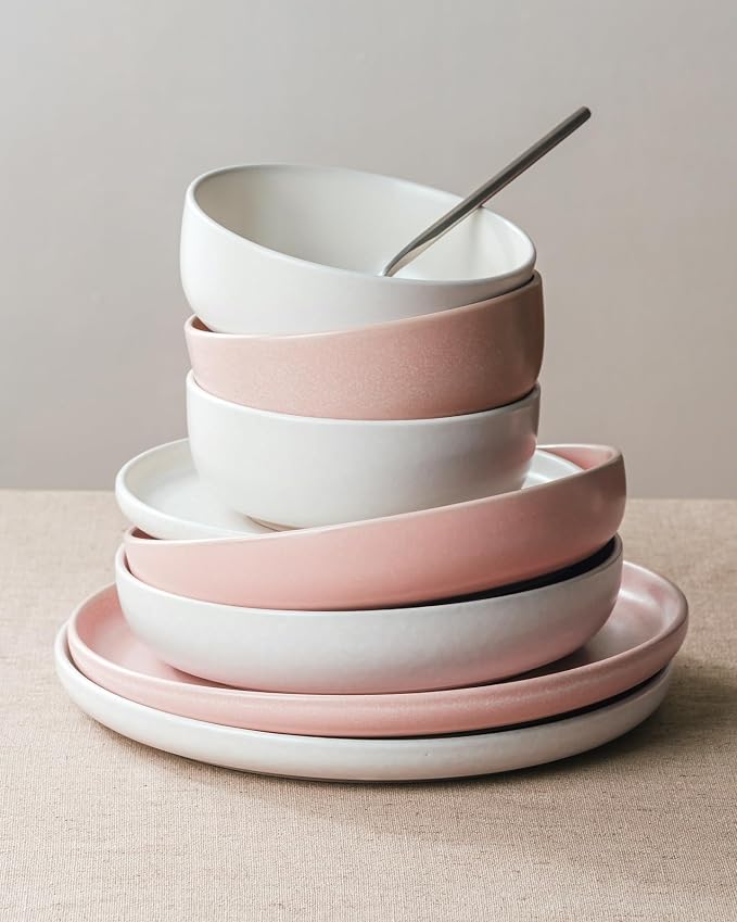 Famiware Milkyway 12-Piece Dinnerware Set, Matte Beige White & Light Pink | Stoneware Plates and Bowls for 4, Reactive Glaze Dish Set, Microwave & Dishwasher Safe, Chip & Scratch Resistant