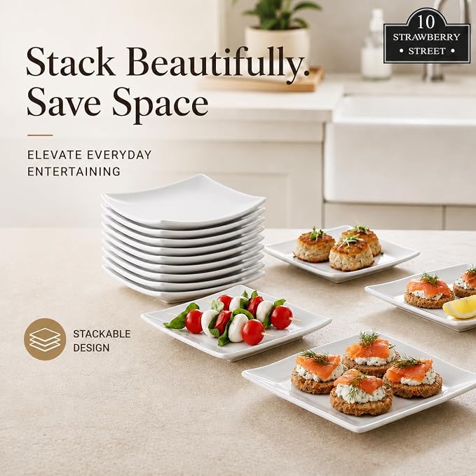 10 Strawberry Street 6" Catering Square Coupe Appetizer Plate, Set of 12,White