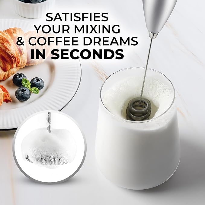 Zulay Kitchen Powerful Milk Frother Wand With Duracell Batteries - Ultra Fast Handheld Drink Mixer - Electric Whisk Foam Maker for Coffee, Lattes, Cappuccino & Matcha - Triple Whisk - Luminous Silver