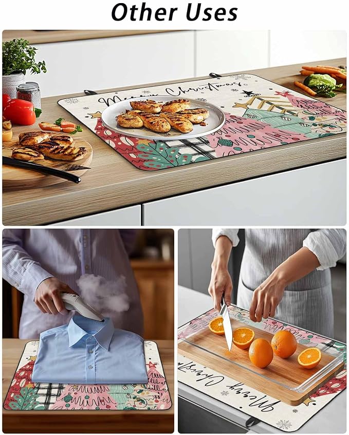 Stove Top Covers for Electric Stove 24x21 Inches, Pink Christmas Tree HeatResistant Glass Cooktop Protector, Vintage Beige Xmas Snowflake Doodle Ceramic Stovetop Countertop Covers Mat, Oven Cover