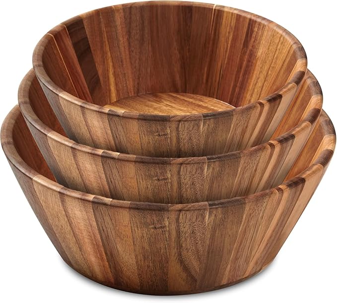 Wooden Salad Bowl Set of 3, Round 12" 10" 8" Wood Bowls for Serving Food | Rustic handcrafted trio in large, medium and small; warm natural tones for mixing, popcorn and table decor