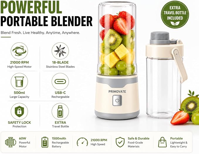 Portable Blender 2026 Model, 450ML, 18-Blade Powerful Smoothie Maker, USB Type-C Rechargeable, Ice Crushing Personal, 1500mAh Battery, 60W Motor, Travel Blender with Extra Jar & Lid