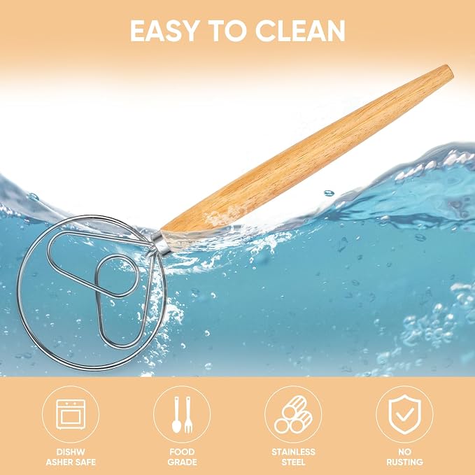 Maxjoy Danish Dough Whisk, Stainless Steel Wooden Bread Tool for Sourdough | Wooden Handle Dutch Dough Hook, Replaces Mixer and Spoon for Sourdough Pastry Pizza, Food Safe, Rust Resistant, Easy Clean