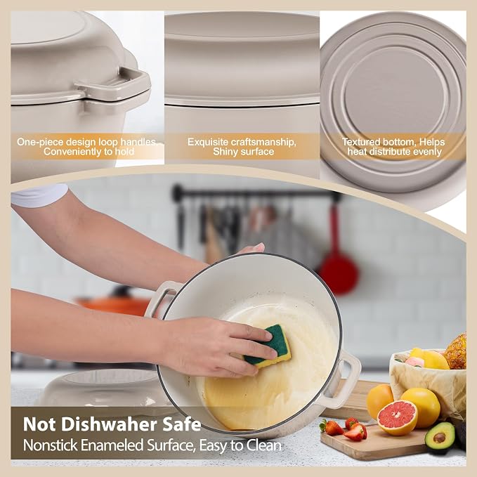 TeamFar 5qt Dutch Oven, Pre-seasoned Cast Iron for Bread Baking, Khaki | 2-in-1 Bread Pan with Skillet Lid, Oven & Stovetop Safe for Baking Frying Stewing Grilling, Home Use Or Outdoor Camping
