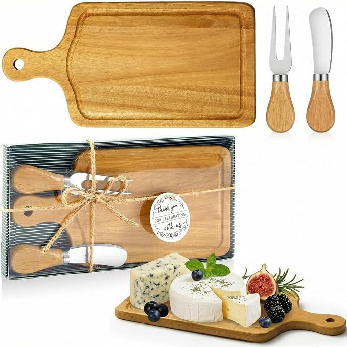 1 Set Bridal Baby Shower Cheese Prizes Wooden Square Board Gift Set Knives Forks Thank You Tags with Box for Guests for Valentines Bridal Baby Shower Housewarming (Teak Wood)