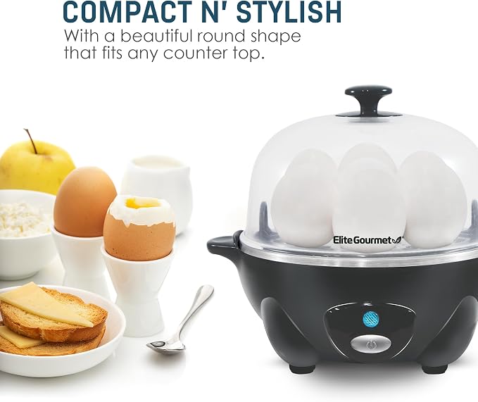 Elite Gourmet EGC710DKG Rapid Egg Cooker, 7-Egg Poacher/Omelet Maker, Ash | Easy-to-peel hard, medium, or soft-boiled eggs - auto shut-off, alarm, 16-recipe booklet included - BPA-free construction
