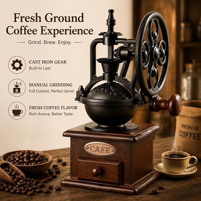 Vintage Manual Coffee Grinder Maker - High Hardness Ceramic Core Coffee Bean Grinder With Solid Wood Base And Drawer Powder Box Classic Coffee Grinders For Home Use