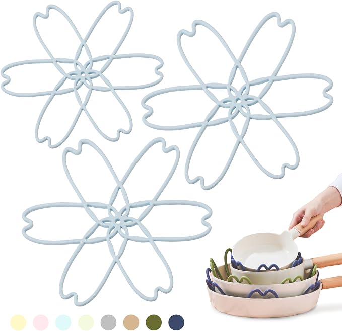 Silicone Pan Protectors for Stacking 3 Piece (Sky Blue, S&L) | Pot Separators for Cookware, Prevent Scratch, Protect Coating, Dishwasher Safe, Multi-Purpose Heat Resistant Trivets