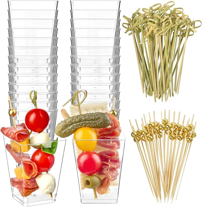 50 Sets 5 oz Plastic Charcuterie Cups with 100 Sticks, Square Appetizer Cups with Cocktail Picks Mini Party Serving Cups for Fruit, Snack, Dessert