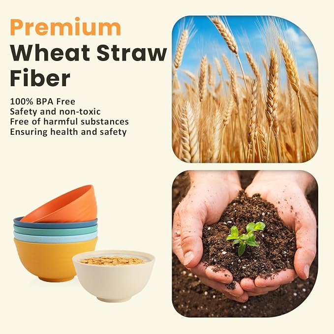 Wheat Starw Cereal Bowls, Unbreakable Bowl Set 6 PCS, Microwave and Dishwasher Safe Bowls, Alternative to Plastic Bowl Reusable, Bowl Set for Kitchen, Picnic, Camping, Party (26 OZ, Colorful)