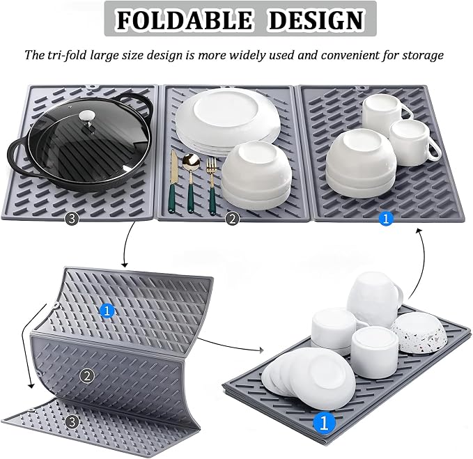 Silicone Dish Drying Mat for Kitchen Counter, Collapsible Trifold Large Dish Drainer Mat, Drying Mat with Hook, 24x16In Non-Slip Silicone Sink Mat, Easy to Clean