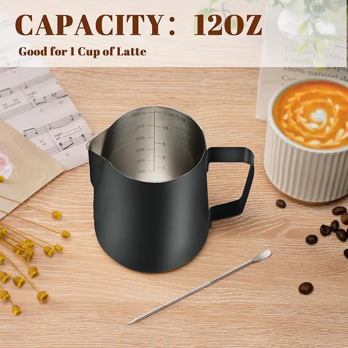 Amrules Milk Frothing Pitcher 12oz Frother Cup Barista Tools, Black | 18/8 Stainless Steel, 12oz Capacity with Clear Scale, with Decorating Pen, Ergonomic Handle, for Cappuccino, Latte & Espresso