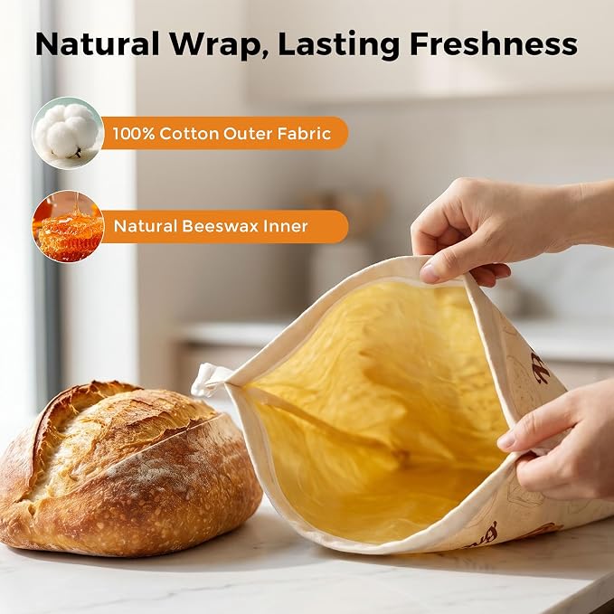 Beeswax Bread Bags for Homemade Bread - 2 Pack- Extra Large 17"×13" Reusable Sourdough Bread Bags for Storage with Zipper Closure, Keep Bread Fresh Naturally, Freezer Safe