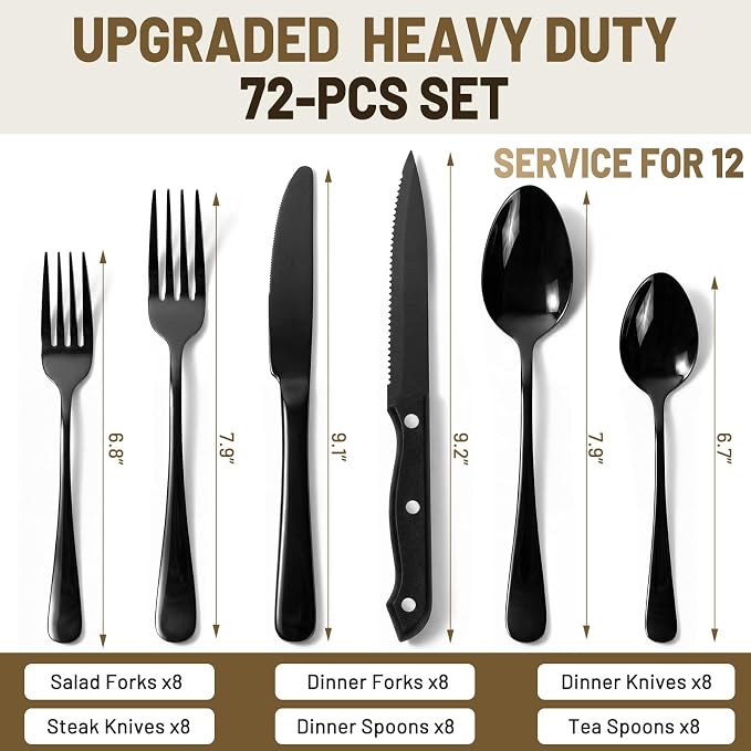 72 PCS NO-FADING Black Silverware Set with Steak Knives-Flatware for 12 | Titanium Black Finish, Rust Resistant, Food-Grade Stainless Steel Cutlery Utensils Set, Mirror Polished & Dishwasher Safe