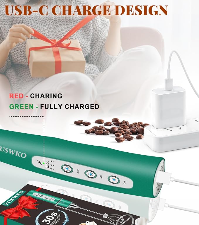 YUSWKO Handheld Milk Frother Wand for Coffee, Rechargeable Electric Whisk with 3 Heads 3 Speeds Drink Mixer Coffee Frother For Latte, Cappuccino, Hot Chocolate, Egg, Green with Holder