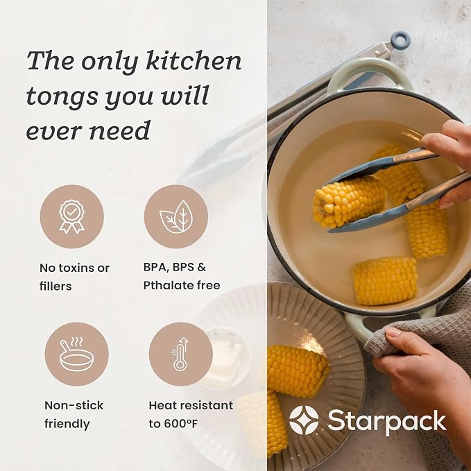 Starpack Get a Grip Silicone Kitchen Tongs (2-Pack, 9" + 12") - LFGB Non Toxic, 600°F Heat Resistant, BPA-Free - Heavy-Duty Stainless Steel, Locking - Dishwasher Safe for Nonstick Cookware Light Blue