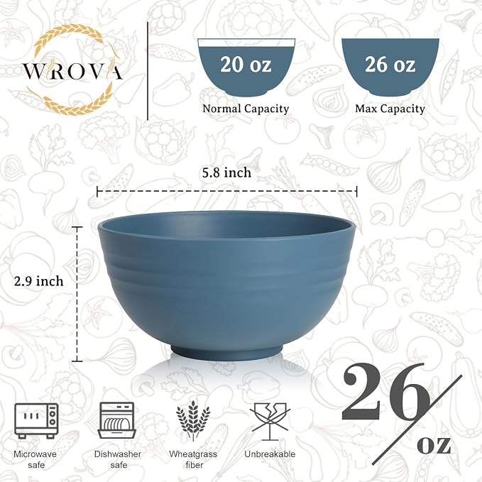 Wheat Straw Camping Bowls Sets of 6,Unbreakable 26oz Lightweight Bowls Sets for Outdoors Activity,Breakfast Bowls for Cereal and Salad.Vibrant Series