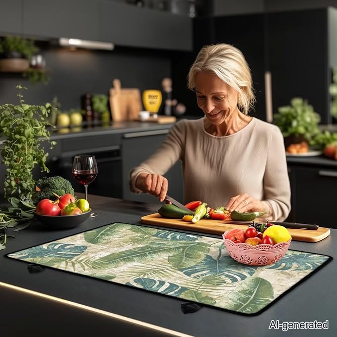 Tropical Leaf Print Electric Stove Insulation Pad Heat & Stain Resistant Dish Drying Mat for Kitchen 30x21 Inch Cooktop Stove Guard Protector with Anti-Slip Grip Extra Large Mat