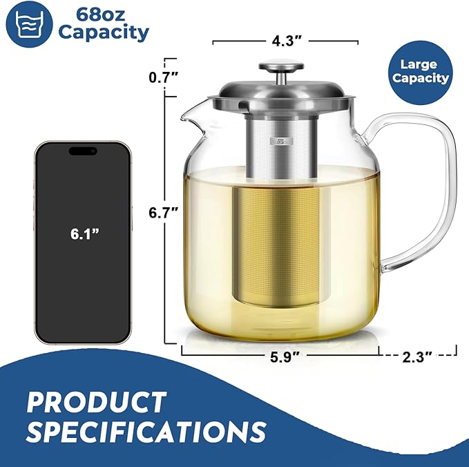 Aquach 68oz Glass Teapot with Thermometer, Stovetop Safe Tea Pot | Dishwasher Safe, Borosilicate Glass, Family Capacity, Precise Loose Leaf Filter, Easy-clean